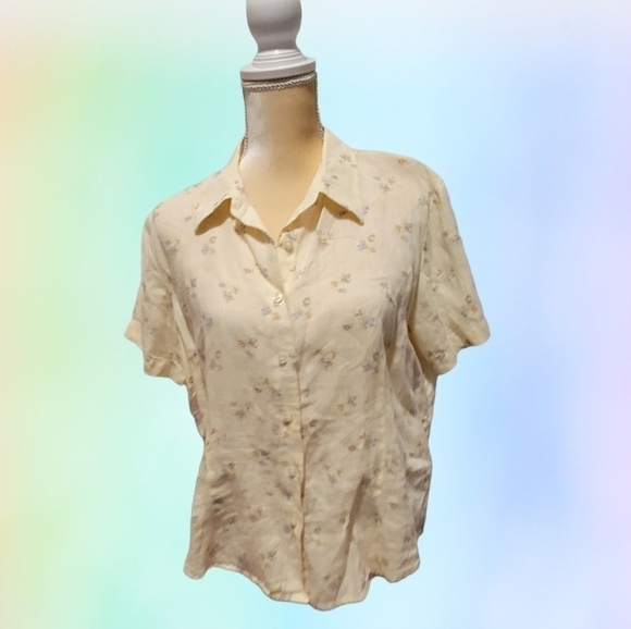 LANDS' END Shirt Womens 16p Yellow Floral 100% Linen Button Front T40 - Picture 1 of 7